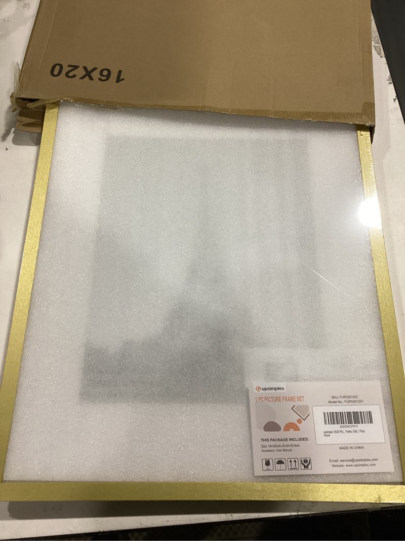 Condition photo showing New/Like New for upsimples 16x20 picture frame, display pictures 11x14 with mat or 16 x 20 without, wall hanging poster frame, gold, 1 pack gold 16x20