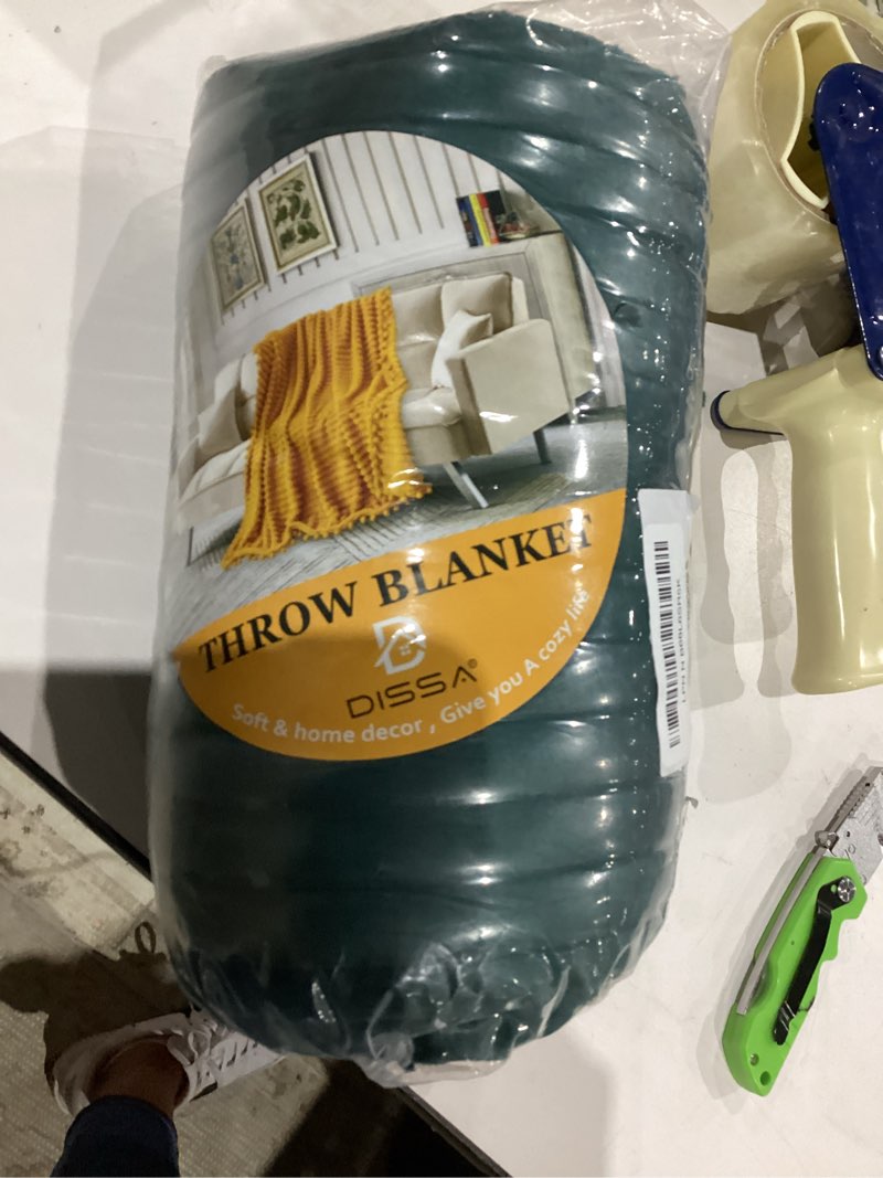Condition photo showing Good Condition for dissa fleece blanket twin size – 60x80, green - soft, plush, fluffy, fuzzy, warm, cozy – perfect throw for couch, bed, sofa - with pompom fringe - flannel blanket green 60x80"