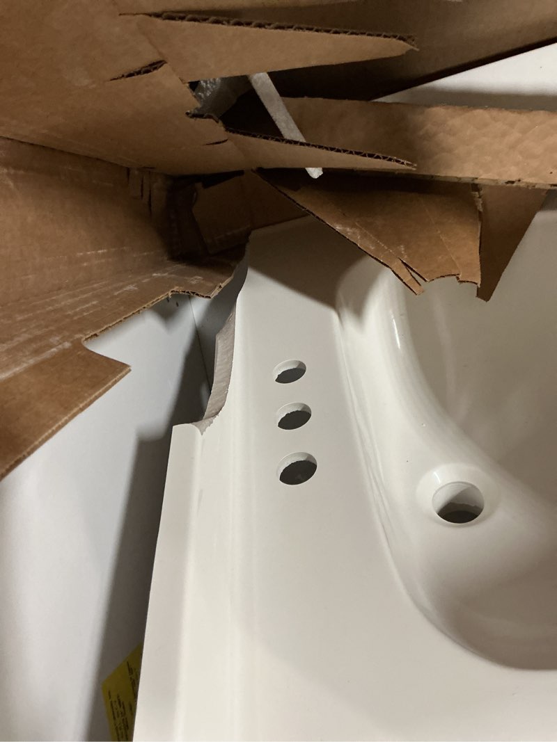 Condition photo showing As Is for ( is broken) Project Source Dover 24-in True White Single Sink Bathroom Vanity with White Cultured Marble Top