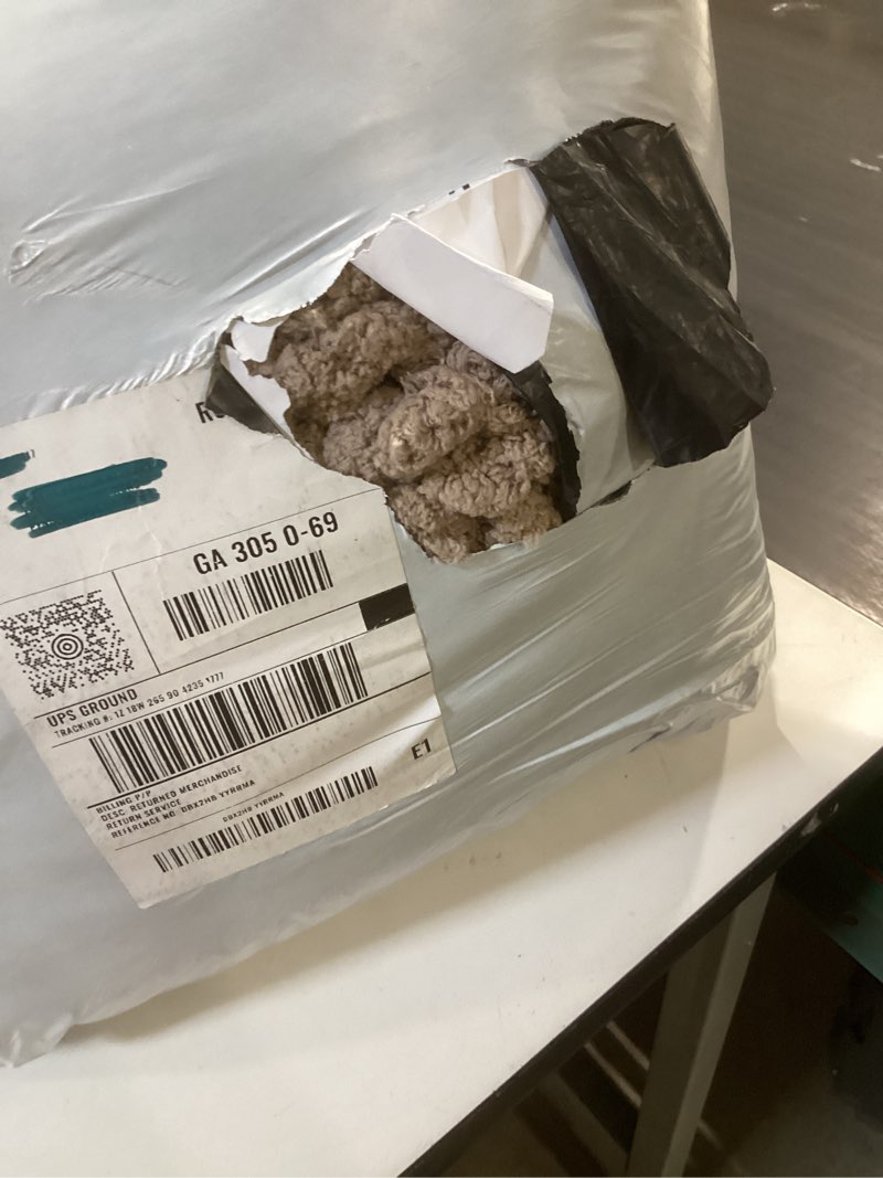 Condition photo showing As Is for carriediosa chunky knit throw blanket 60" x 80" twin, 100% hand made large chenille loop yarn soft fluffy throws for couch sofa bed, big crochet cozy heavy thick cable woven blankets, taupe taupe 60" x 80"