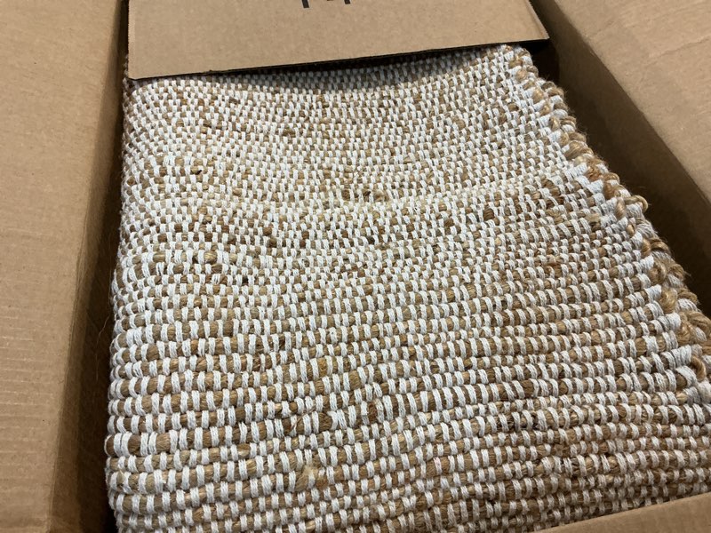 Condition photo showing As Is for jute & cotton rug 6x9 natural fiber rug braided rugs for bedroom- farmhouse woven carpet - mid-century modern floor covering for bedroom living room, 6' x 9' 6' x 9' (rectangular) neutral