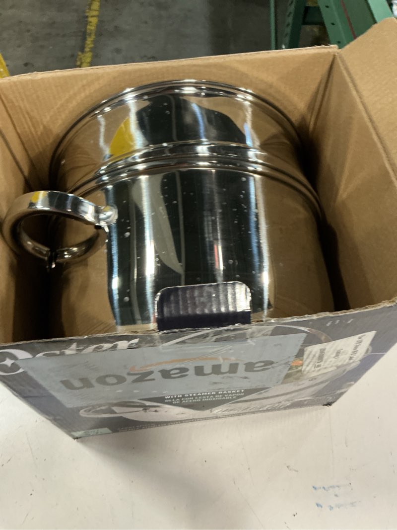 Condition photo showing As Is for oster sangerfield 6-quart stainless steel dutch oven casserole with steamer basket – durable kitchen cookware for slow cooking and steaming stainless steel 6-qt dutch oven w/steamer basket