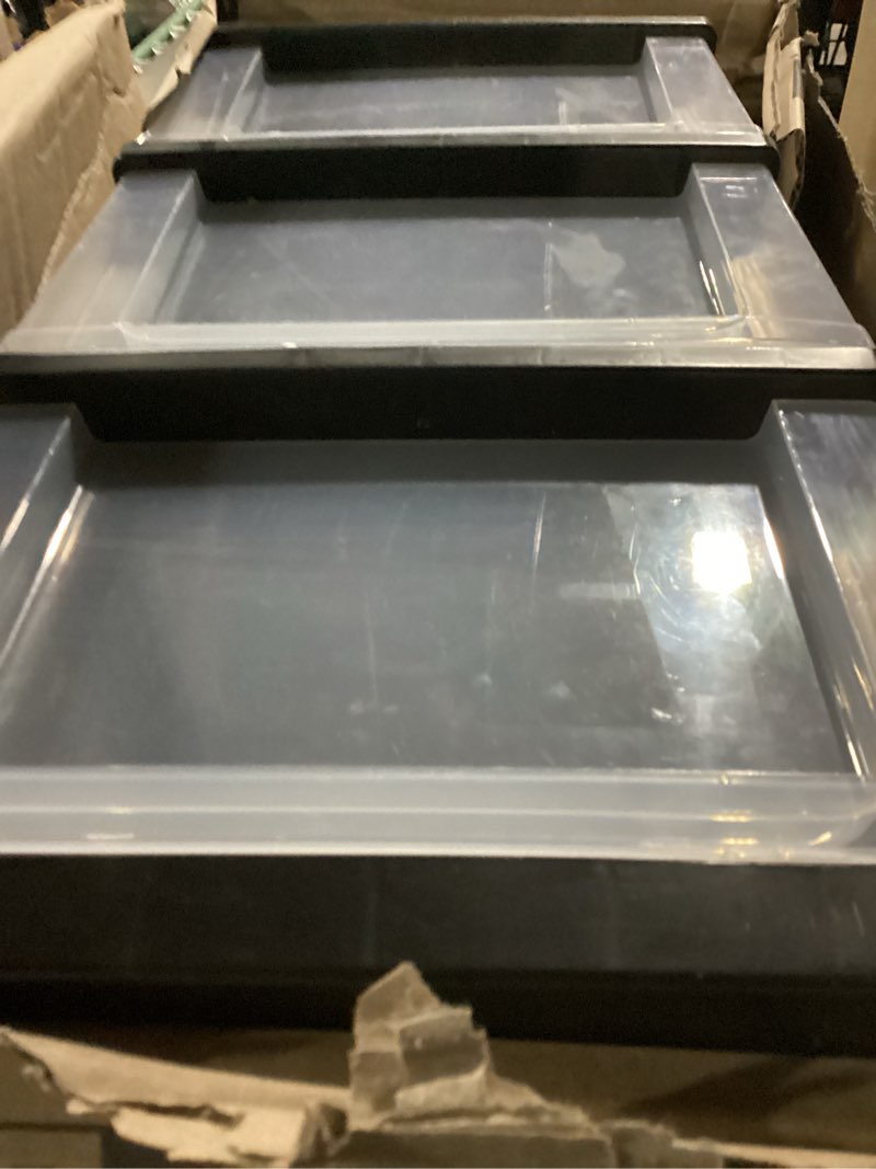 Condition photo showing Good Condition for bycy medium 4 drawer clear stacking desktop organizer for office supplies,stackable storage drawers plastic storage bins for kitchen cabinets, pantry, home organization (black, medium 4drawer)