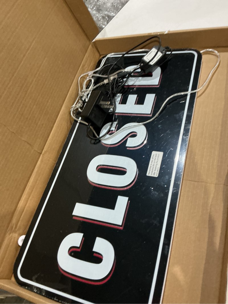 Condition photo showing As Is for fitnate 3d led open sign, 21.2 inch large double-sided open and closed sign infinity mirror, dimmable, for business storefront, bar, cafe, wall & window decor