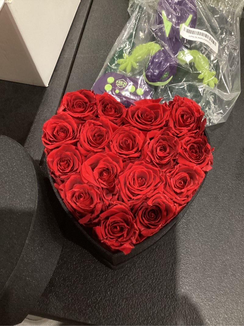 Condition photo showing As Is for Forever Flowers, 16 Fresh Preserved Rose in Heart Shape Box for Delivery Prime, Eternal Rose for Her Wife Women Anniversary Birthday Red Red-16 16 Roses