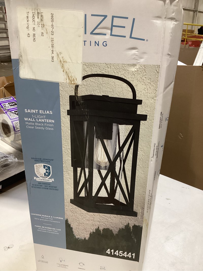Condition photo showing As Is for 100+ bought last week quoizel saint elias 1 -light 17.88-in h matte black hardwired outdoor wall light item #4145441 | model #lws33898b