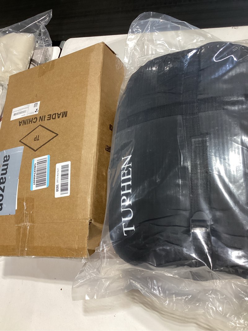Condition photo showing New/Like New for tuphen double sleeping bag, sleeping bag with 2 pillows, queen size xl bag for 2 people, cold warm weather- 3 seasons, waterproof adults for camping, backpacking or hiking black grey
