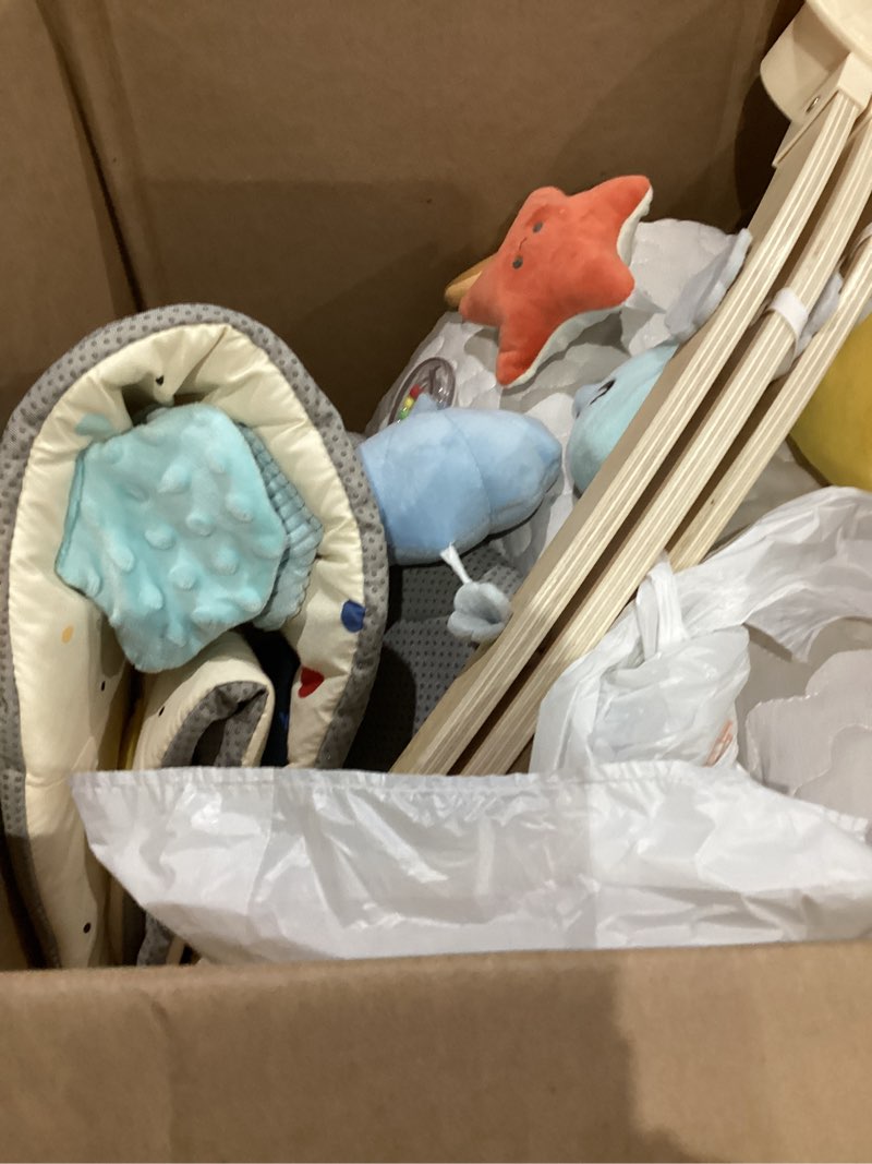 Condition photo showing As Is for Baby Play Gym Activity Mat, 5 Developmental Zones Wooden Tummy Time Mat with 7 Detachable Sensory Toys for Motor Skills & Sensory Development, Baby Essentials Shower Gift, Easy to Install 37.6*37.6 Inch Blue