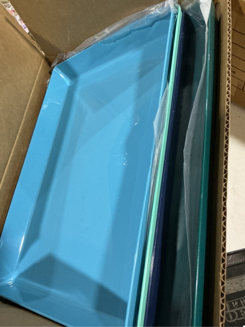 Condition photo showing Good Condition for us acrylic coastal plastic serving trays (set of 4) 15” x 10” | large unbreakable reusable rectangular party platters | serve appetizers, fruit, veggies, & desserts | bpa-free & made in usa coastal 15" x 10"