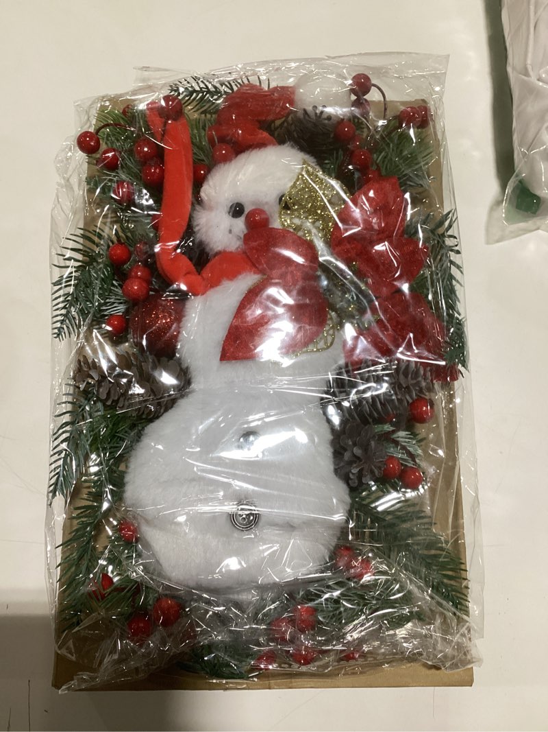 Condition photo showing As Is for 20" Christmas Teardrop Swags Snowman Wreaths Decorations with Poinsettia Red Berries Pinecone Ball Ornaments Artificial Pine Needles for Winter Front Door Indoor Outdoor Window Decor