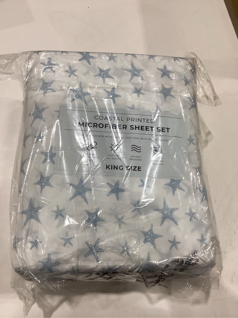 Condition photo showing New/Like New for great bay home 4-piece king coastal microfiber sheet set - nautical-printed, ultra-soft sheets - beach-themed bedding sheets & pillowcases (starfish - blue) king 14 - starfish - blue