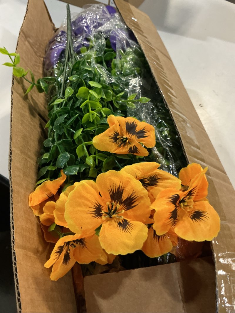 Condition photo showing Good Condition for rowfad 18 pcs artificial fake pansy flowers for outdoor, faux silk pansies spring flowers for outside for planter front door porch yard patio window box home decor (18, purple, yellow, white) purple, yellow, white 18