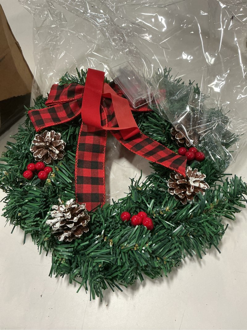 Condition photo showing Good Condition for Libima 6 Pcs Mini Christmas Wreath 12 Inch Pre Lit Lighted Christmas Wreath Hanging LED Outdoor Window Wreaths for Christmas with Buffalo Check Bowknot Pine Cone Red Berries Ribbon for Door Holiday