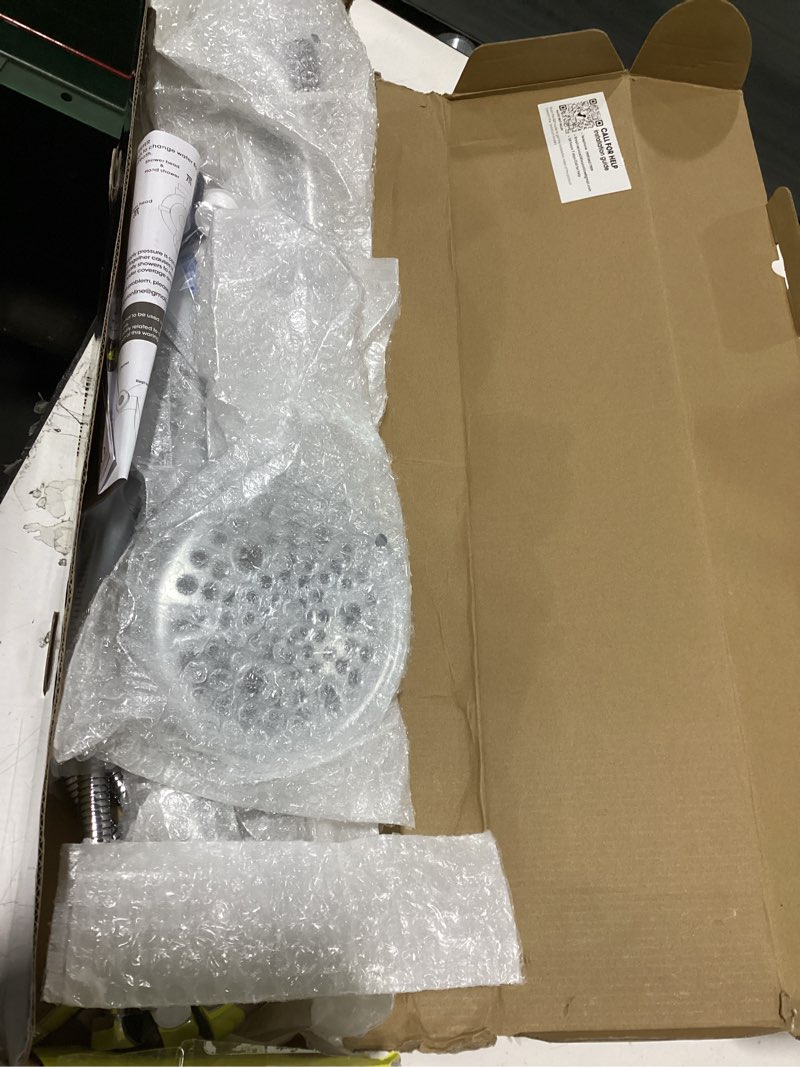 Condition photo showing New/Like New for rainfall shower head with handheld shower spray, with 26" drill free adjustable height slider bar, high pressure dual shower head combo, 3-way diverter for easy reach, 5ft hose - chrome finish