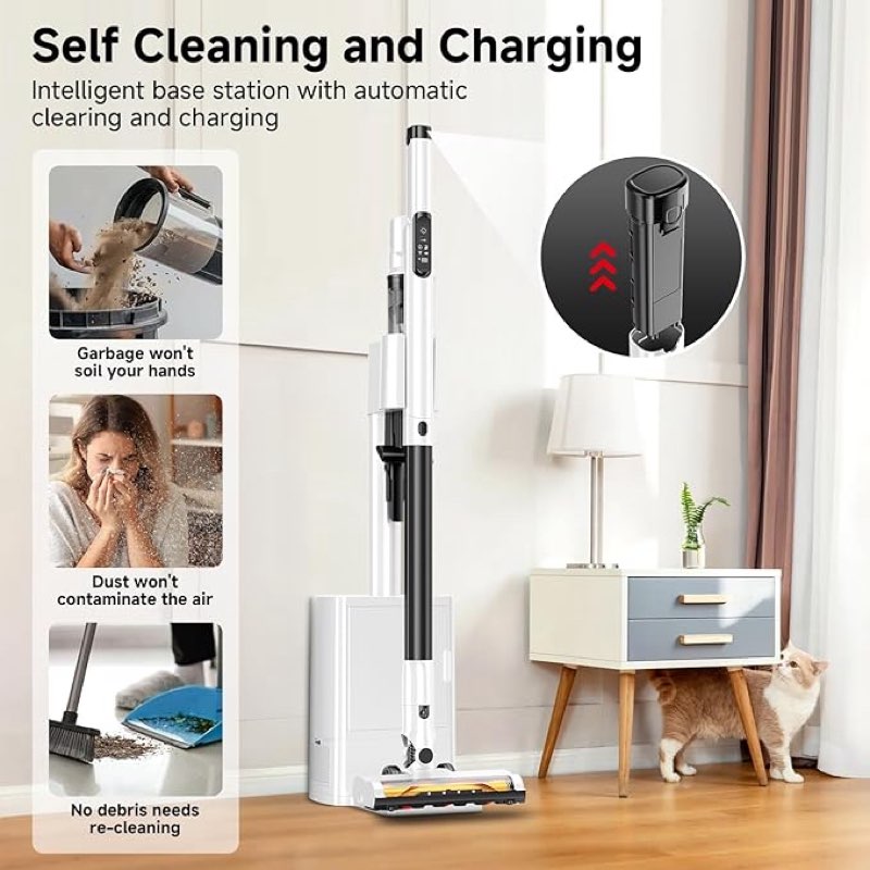 cordless stick vacuum cleaner with auto empty system self-charging base, powerful suction for pet hair on carpet & hardfloor, lightweight anti-tangled handheld vacuum, black