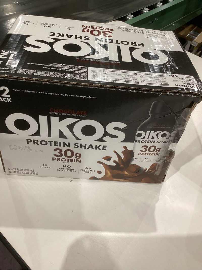 Condition photo showing New/Like New for Oikos Protein Shake, Chocolate, 30g High Protein Drinks, Shelf Stable, Ready to Drink, 5g Prebiotic Fiber, 12 fl oz Bottle, 12 Count?