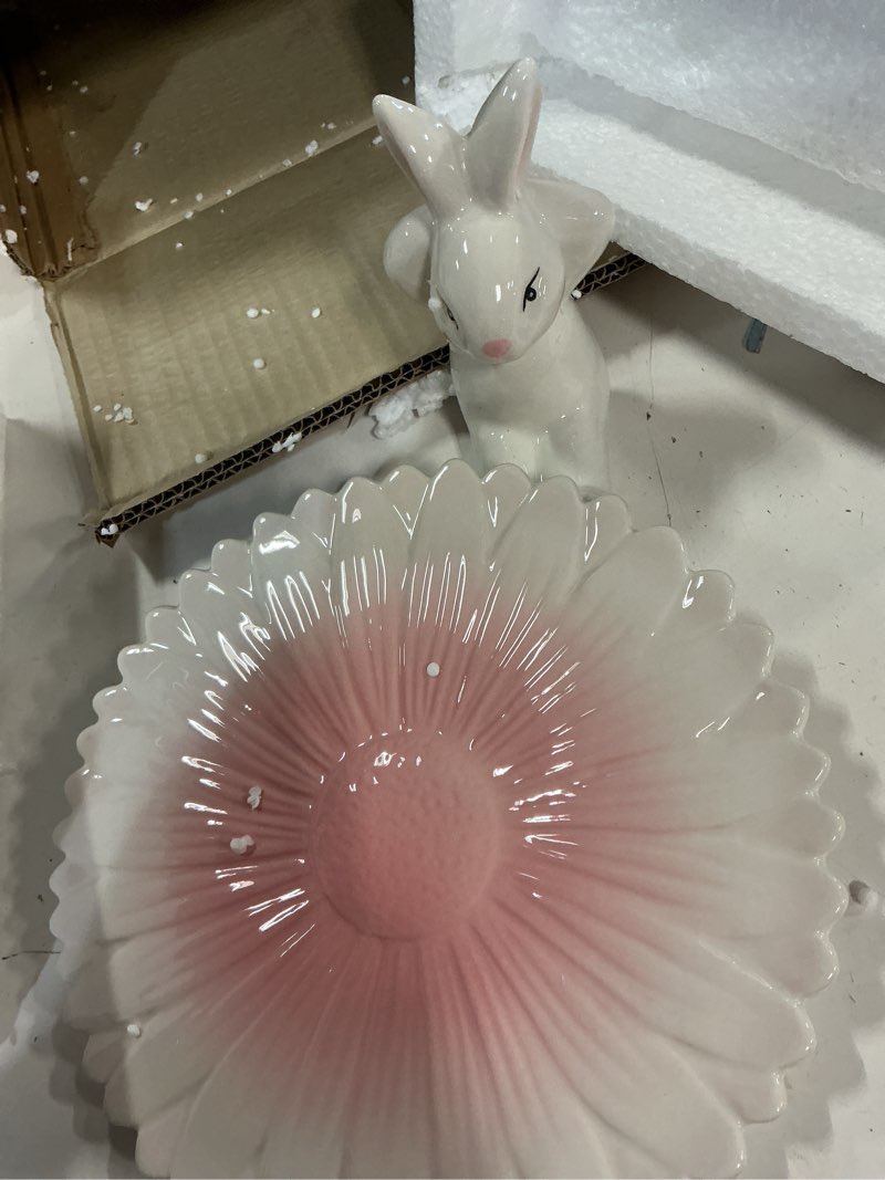 Condition photo showing As Is for easter bunny ceramic cake stand – hand-painted pink flower dessert plate, holiday ceramic cake holder for easter party, spring table decoration
