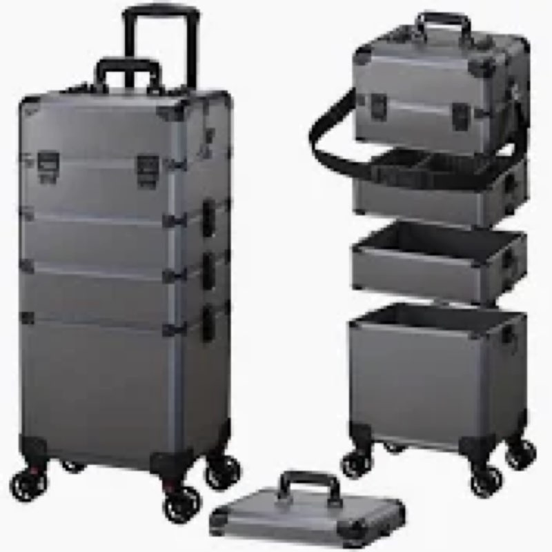 FRENESSA Rolling Makeup Train Case Cosmetology Case on Wheels 5 in 1 Makeup Case with Lid Rolling La