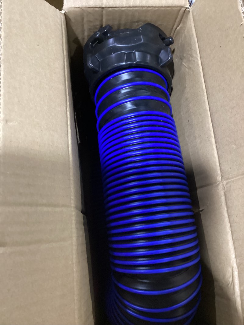 Condition photo showing As Is for 3ft rv sewer hose extension, extreme heavy duty 24 mil tpe material for abrasion resistance and crush protection, camper sewer extension hose with caps, blue blue 3ft