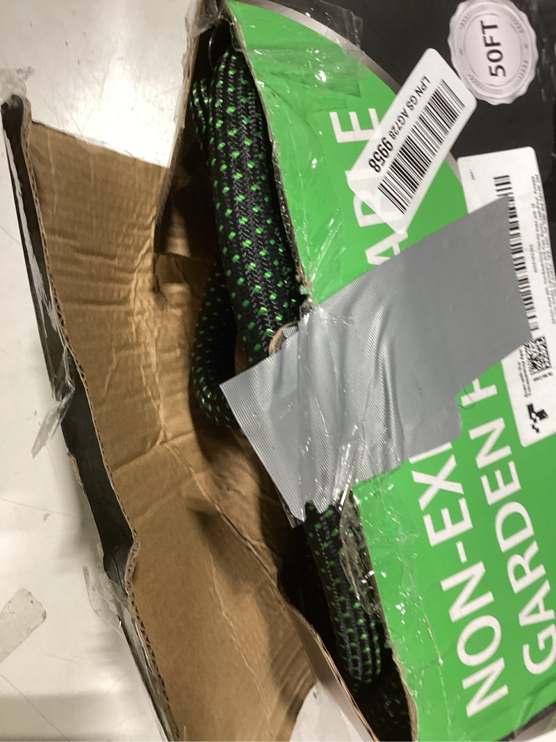 Condition photo showing As Is for garden hose 50ft, non-expanding flexible hose with 10 function nozzle, lightweight, kink free, sturdy, leak-proof, portable, water hose 50ft for outdoor, yard, lawn, car wash and camper use black green 50ft