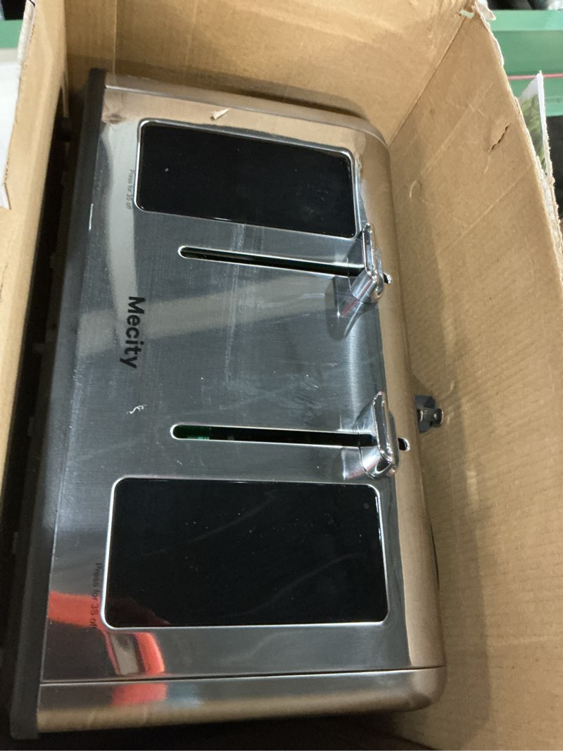 Condition photo showing As Is for mecity 4 slice toaster with touch screen control, 4 wide slots, stainless steel smart bread toaster for bagels, muffins, waffles, dual control panel, timer, defrost, reheat, 120v 1650w stainless steel one size