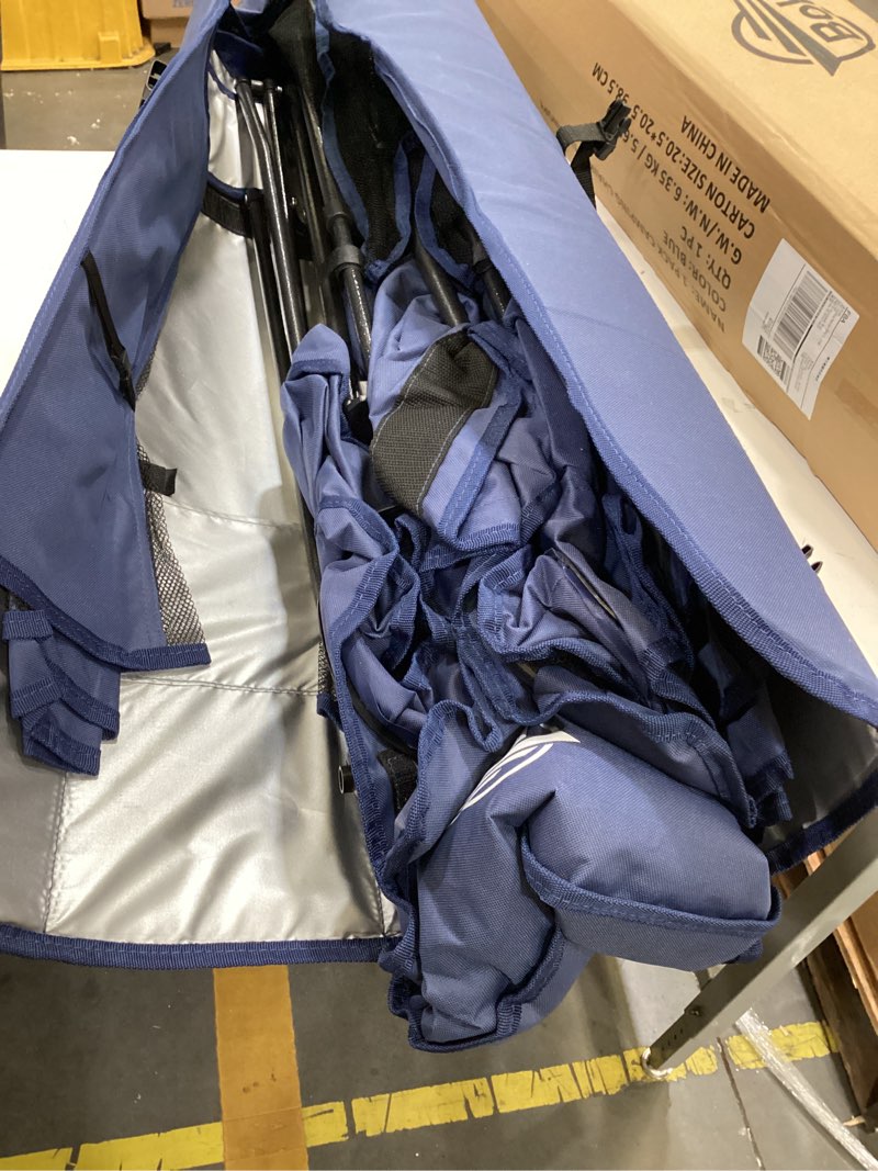 Condition photo showing As Is for bolosy oversized camping chair with canopy beach chair with sun shade | folding lawn chair with shade, portable canopy chair for camping, beach, picnics, fishing, sports, support 400lbs, blue