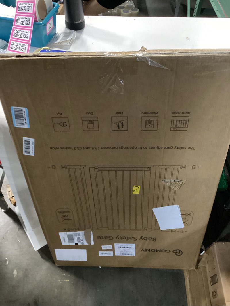 Condition photo showing New/Like New for comomy 42" extra tall baby gate for stairs doorways, fits openings 29.5" to 43.3" wide, auto close sturdy safety dog gate for house, pressure mounted easy walk through pet gate with door, black black 42"tall 43.3"wide