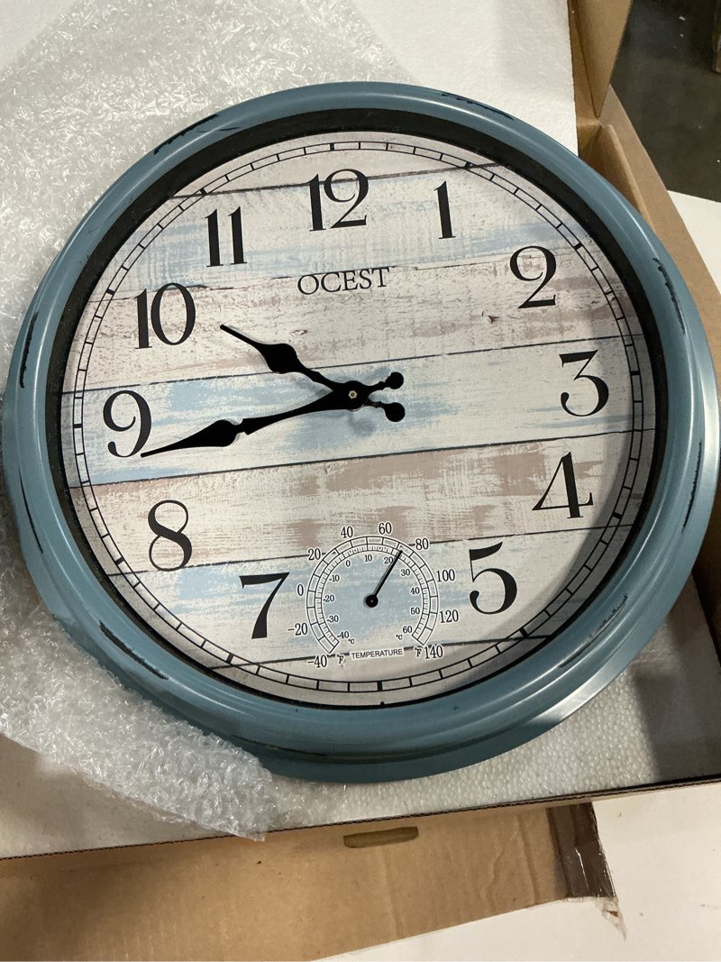 Condition photo showing As Is for ocest 16 inch indoor outdoor clock, waterproof large wall clock with thermometer, silent non-ticking battery operated decor for patio pool porch garden garage?blue? blue 16inch