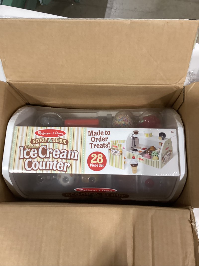 Condition photo showing New/Like New for Melissa & Doug Wooden Scoop & Serve Ice Cream Counter, Pretend Play Store, 28 Toy Food & Play Kitchen Accessories, Preschool Toys for Girls & Boys 3+