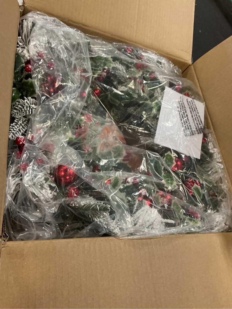 Condition photo showing Good Condition for 24 Inch Lighted Christmas Wreath Cat Sign Wreath with Snow Flocked Cedar Branches Pine Needles Red Ornaments Berries and Timer Christmas Décor Holiday Hanging Decoration for Door Wall Mantel