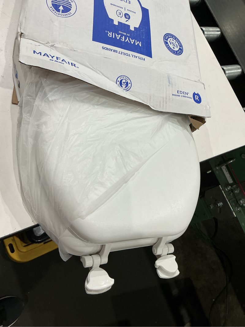 Condition photo showing As Is for mayfair by bemis eden cushioned vinyl white round padded toilet seat