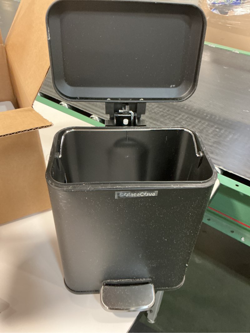 Condition photo showing As Is for SONGMICS Kitchen Trash Can, 5.2-Gallon (20L) Garbage Can with Lid, Stainless Steel, Soft Close and Stays Open, Inner Bucket, Wide Non-Slip Pedal, Ink Black ULTB542B20