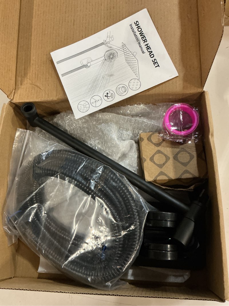 Condition photo showing Good Condition for shower head, 8 inch multifunction high pressure rain shower head with handheld spray combo with 11'' angle adjustable extension arm/flow regulator/shower system matte black