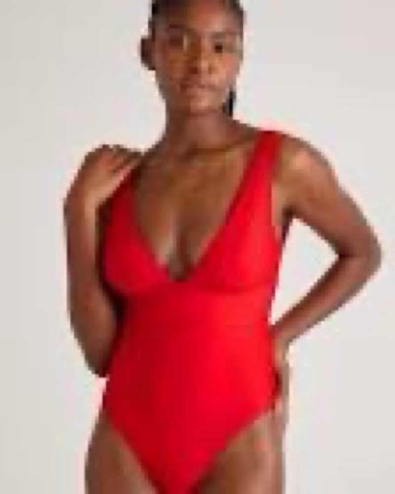 (Size S) Italian Plunge One-Piece Swimsuit, S, Cherry