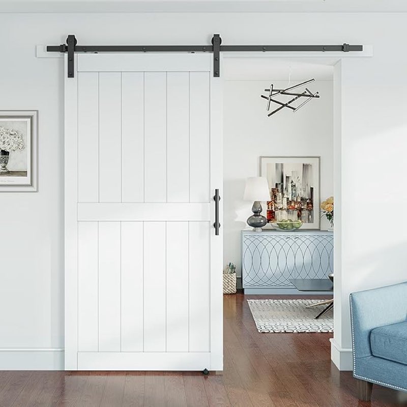 smartstandard 42 x 84 inch white sliding mdf barn door with 7ft black sliding door hardware kit & handle, pre-drilled ready to assemble, waterproof pvc coating, h-frame
