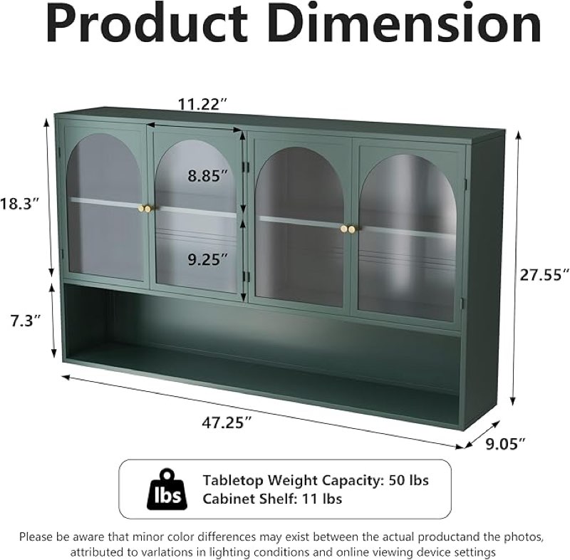 Retro Style Tempering Glass Door Wall Cabinet with Detachable Shelves and Open Shelves?for Office Dining Room,Living Room, Kitchen and Bathroom Dark Green