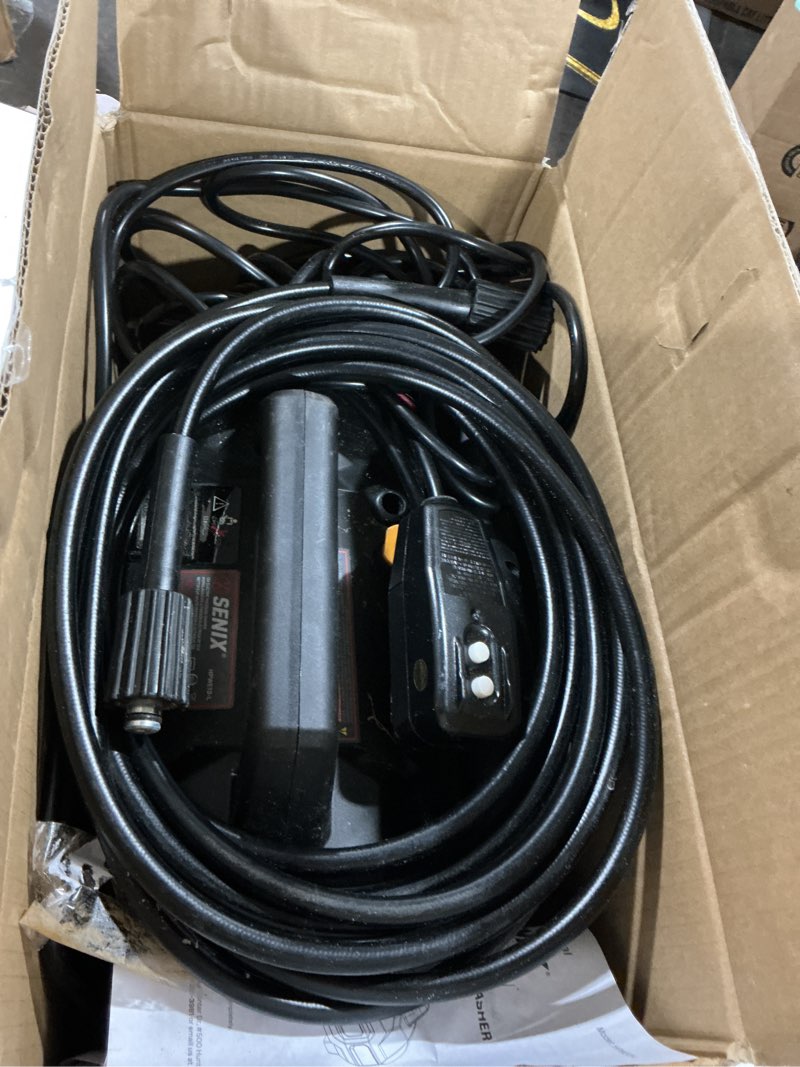 Condition photo showing As Is for senix 13 amp electric pressure washer - 2100 psi max, 1.2 gpm, compact with foam cannon, spray gun, 20-ft hose, turbo nozzle, and 15° spray nozzles - perfect for cars and driveways 1700psi-1.2gpm