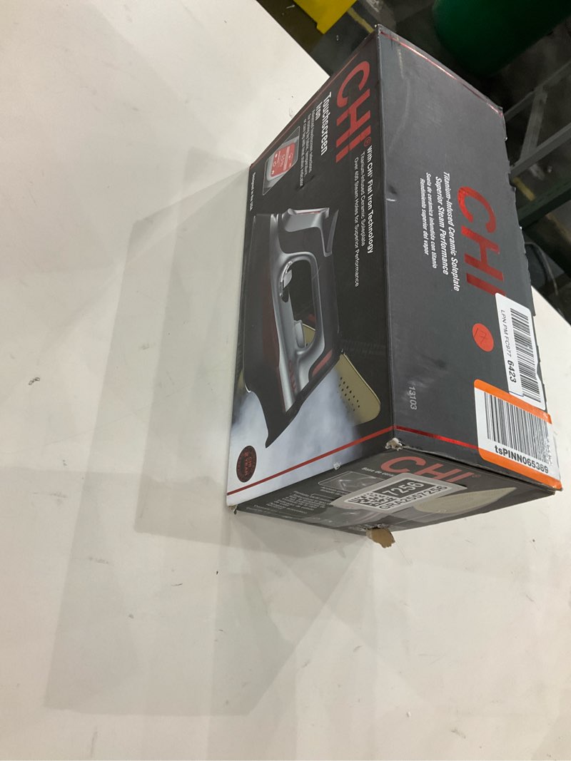 Condition photo showing As Is for CHI Steam Iron for Clothes with Titanium Infused Ceramic Soleplate, 300+ Holes for Powerful Steaming, XL 10’ Cord, 3-Way Auto Shutoff, 1800 Watts, Advanced Touchscreen, Silver (13103) 1800 Watts, Advanced Touchscreen Silver