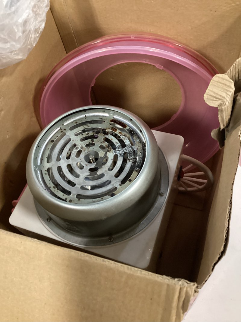 Condition photo showing As Is for cotton candy machine, mini cotton candy maker machine for kids with sugar scoop, easy & safe to use, pink vintage portable candy floss maker for birthday, home, party gatherings, christmas gift