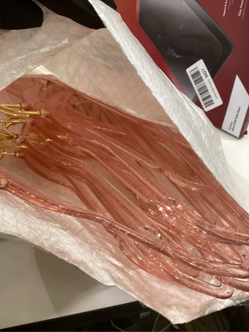 Condition photo showing New/Like New for Pink Clothes Hangers 16", 20 Pack Plastic Clear Coat Hanger for Adult Closet, Durable Bling Ganchos de Ropa with Swivel Hook, Notched Shoulders & Ultra-Thin Space Saving Laundry Hanger for Dress Suits 20 Pack Pink Sparkle Hangers
