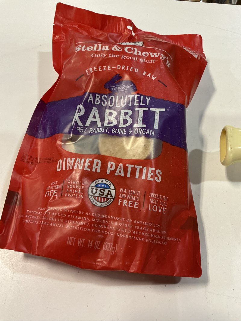 Condition photo showing Good Condition for (Best if used by Aug / 20 / 2025 ) Stella & Chewy's Freeze-Dried Raw Dinner Patties - Absolutely Rabbit Recipe - High Protein Grain-Free Puppy & Dog Food - Perfect For Picky Eaters - 14 oz Absolutely Rabbit 14 Ounce (Pack of 1)
