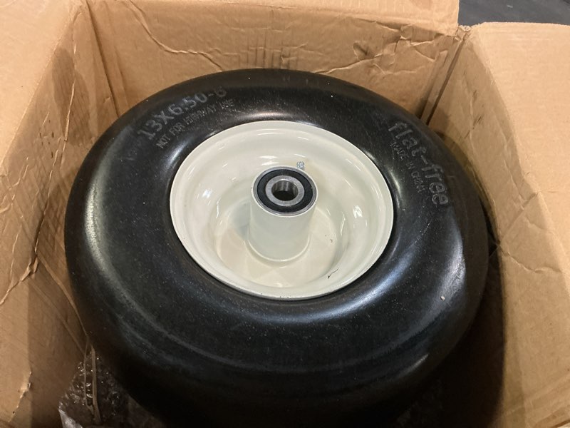 Condition photo showing Good Condition for 13x6.50-6 Flat Free Lawn Mower Tires and Wheels 3/4" 5/8" 1/2" Ball Bearings, 13x6.5x6 Zero Turn Mower Front Tires, Smooth Tires for Commercial Grade Lawn 5.5"-7.5" Adjustable Centered Hub 13x6.50-6 - 2P ( Flat Free ) White