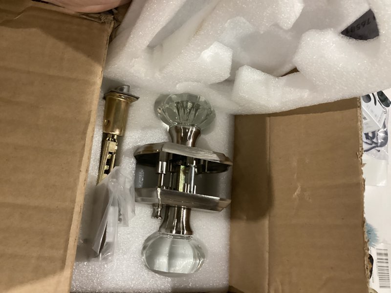 Condition photo showing Good Condition for Crystal Door Knobs, 3 Pack Glass Door Knobs with Lock for Privacy Use, Satin Nickel Crystal Doorknobs Interior for Bedroom Bathroom, Modern Octagon Glass Doorknob 3 Satin Nickel