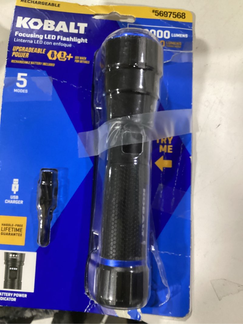 Condition photo showing As Is for kobalt 3000-lumen 4 modes led flashlight with rechargeable with batteries included