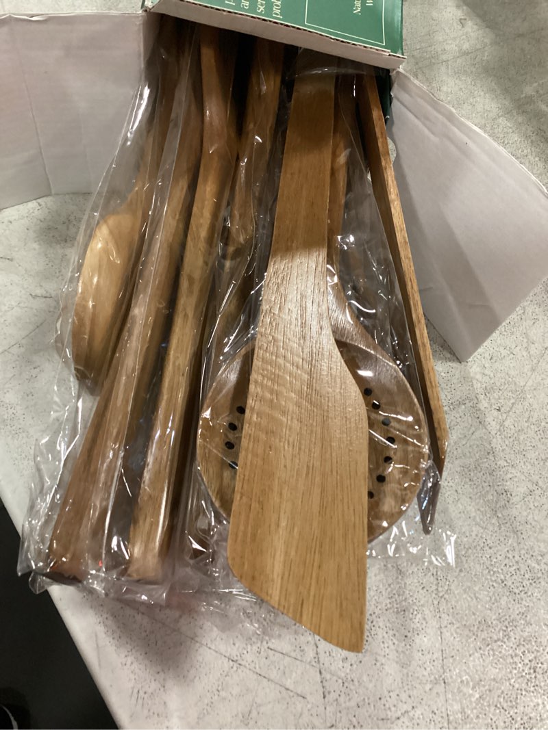 Condition photo showing New/Like New for kitchen utenails set with holder,kitchen wooden utensils for cooking, wood utensil natural teak wood spoons for cooking,wooden kitchen utensil set with spatula and ladle (11) 11 pcs (includes holder)