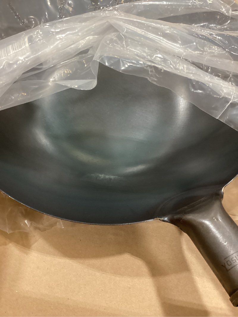 Condition photo showing As Is for YOSUKATA 13.5" Carbon Steel Wok Pan – Pre-Seasoned Flat Bottom Pow Wok for Stir Fry, BBQ, Grill & Camping – Traditional Japanese Chinese Cookware – Compatible with Induction, Electric, Gas, Open Fire