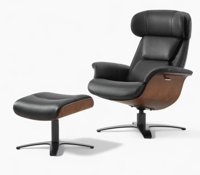 Jovan 31.5\" Mid-Century Modern Genuine Leather Recliner Lounge Chair & Ottoman Set, Shadow Gray (Incomplete, Box 2/2 )