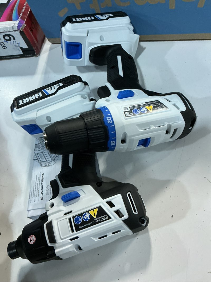 Condition photo showing Good Condition for hart 20v drill/impact kit w/ (2) 1.5ah lithium-ion batteries, 3-jaw chuck, new condition