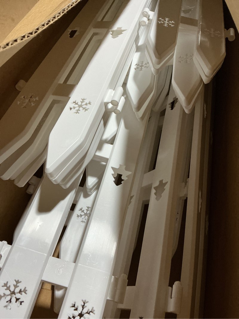 Condition photo showing As Is for 24" Extra Tall Fence for Christmas Tree,12PCS White Picket Fence Gate Barrier with Snowflakes&Tree Patterns Christmas Tree Gate for Pets(24" H x 5" W Each)