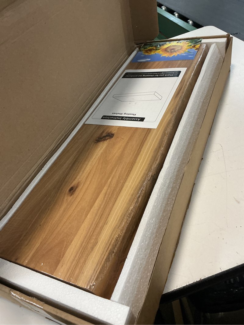 Condition photo showing Good Condition for fun memories 24inch floating shelves set of 2, rustic solid elm wood live edge floating shelves, invisible bracket mount for living room, kitchen, bathroom - natural natural elm 2 live edge, 24"l